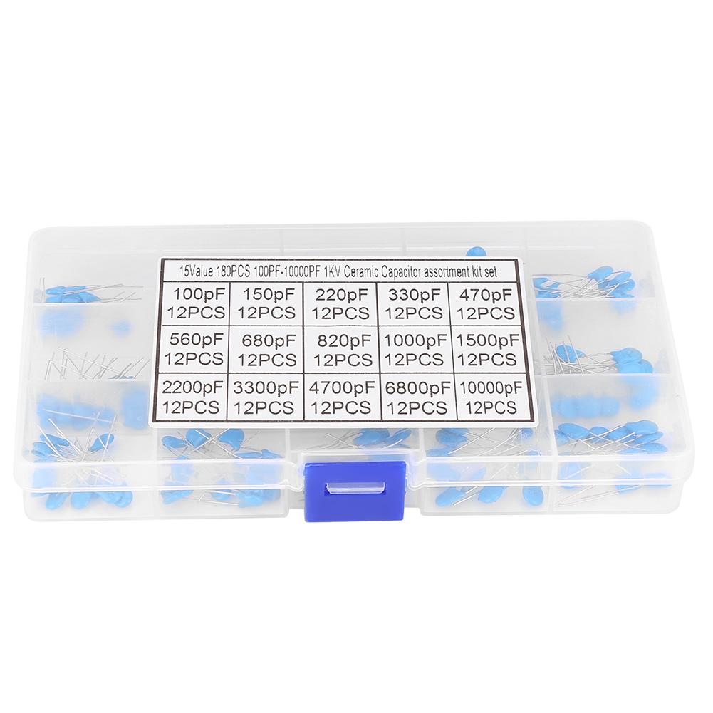 180Pcs 100pF 10000pF 15 Value 1kV High Voltage Ceramic Capacitors Assortment Kit
