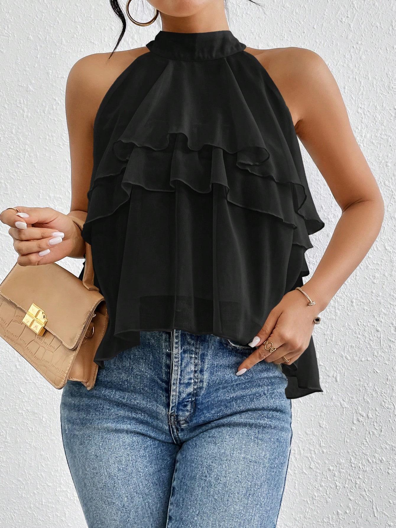 Women s Layered Ruffle Halter Neck Sleeveless Top, Multiple Colors S чёрный