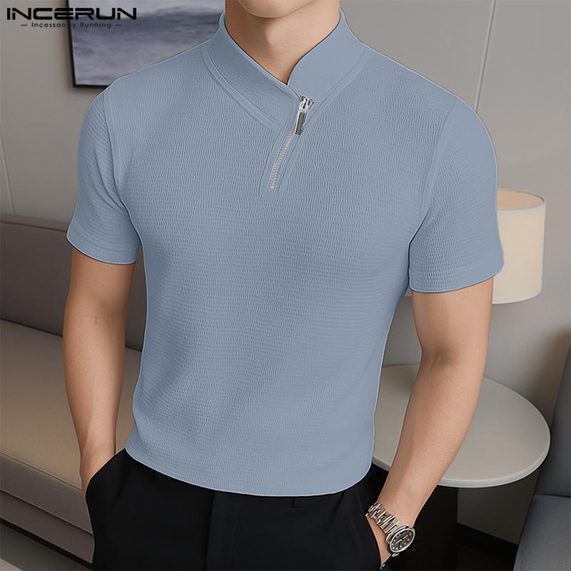 INCERUN Summer Men Short Sleeves Texture Solid Color Tops T-shirts