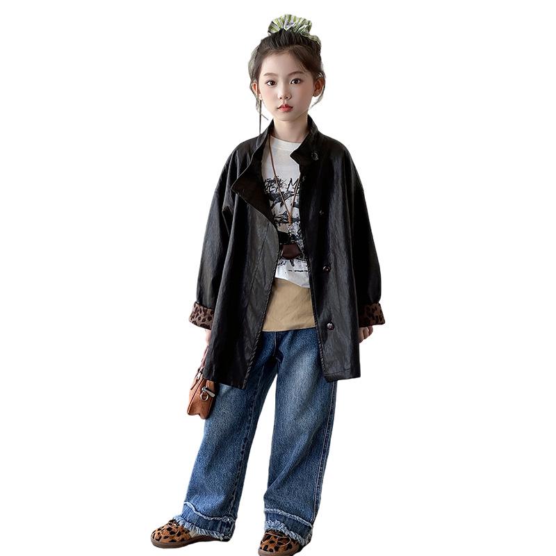 2025 Girls' Mid-Length Leather Jacket - Stylish Autumn/Spring Coat for Fashionable Big Girls