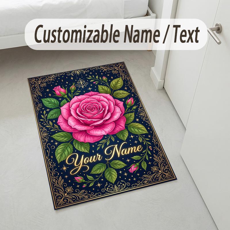 Roses Theme Soft Crystal Velvet Rug Custom Name & Text Print Non Slip Floor Rug for Bedroom Living Room