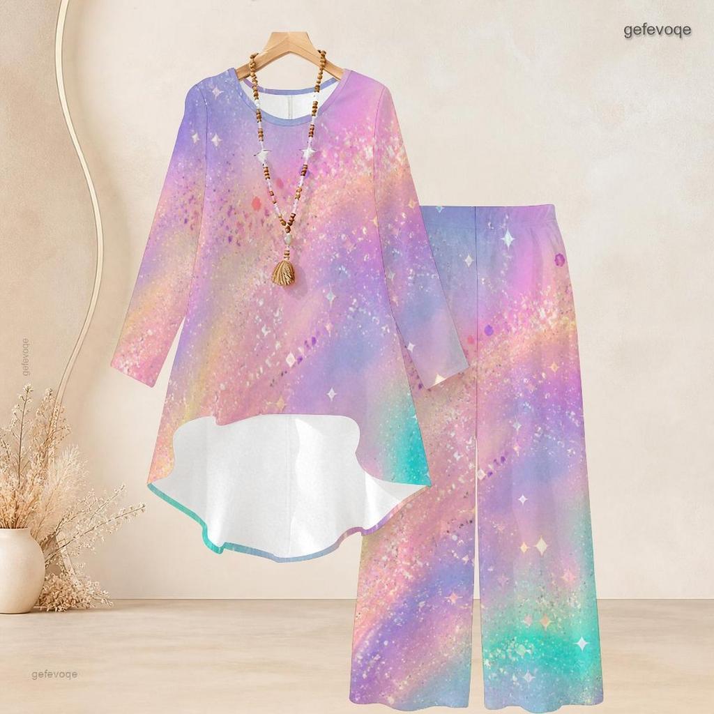 Women Plus Size Black Round Neck Long Sleeve Star Printed High Low Top Wide Leg Pants Two Piece Set