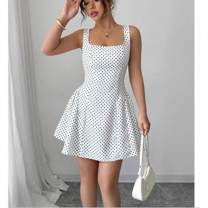 Summer Women's Polka Dot Print Mini Dress Fashion Square Collar Bohemia Bodycon Dress Sleeveless A-line Sexy White Tank Dresses