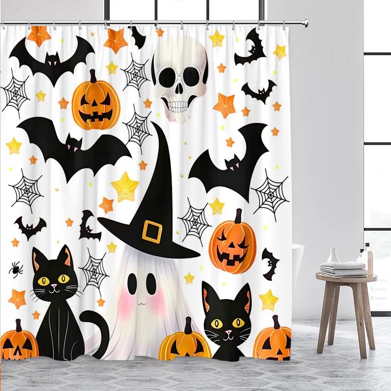 Funny Bathing White Ghost Shower Curtain Watercolour Floral Plant Starry Night Halloween Bath Curtain Fabric Home Bathroom Decor
