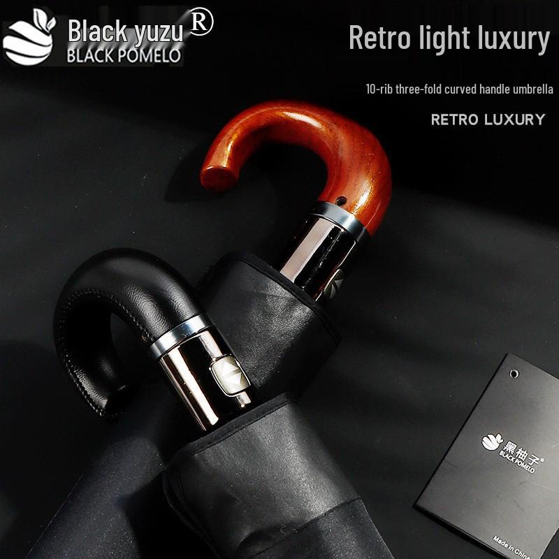 Automatic 10-Rib Black Glue Sunscreen Umbrella with Curved Handle, Compact Three-Fold Design, Custom Logo Available