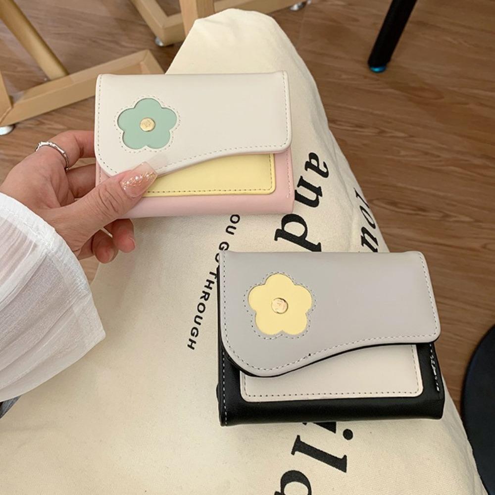 

PU Short Folding Card Bag Flower Trifold Wallet Cute Card Holder Women чёрный