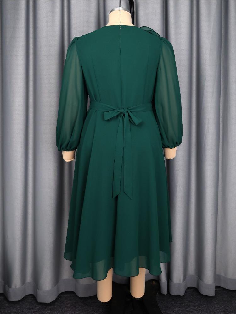 Damen Elegante Chiffonkleider O-Ausschnitt Kurze Puffärmel Patchwork 3D-Blume Rüschen Locker Büro Damen Kirche Winterkleider