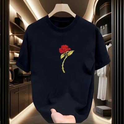 Männer und Frauen Paar Kurzarm T-Shirt Rundhals Rosenprint T-Shirt Reine Baumwolle Schlicht Locker Vielseitiges Oberteil