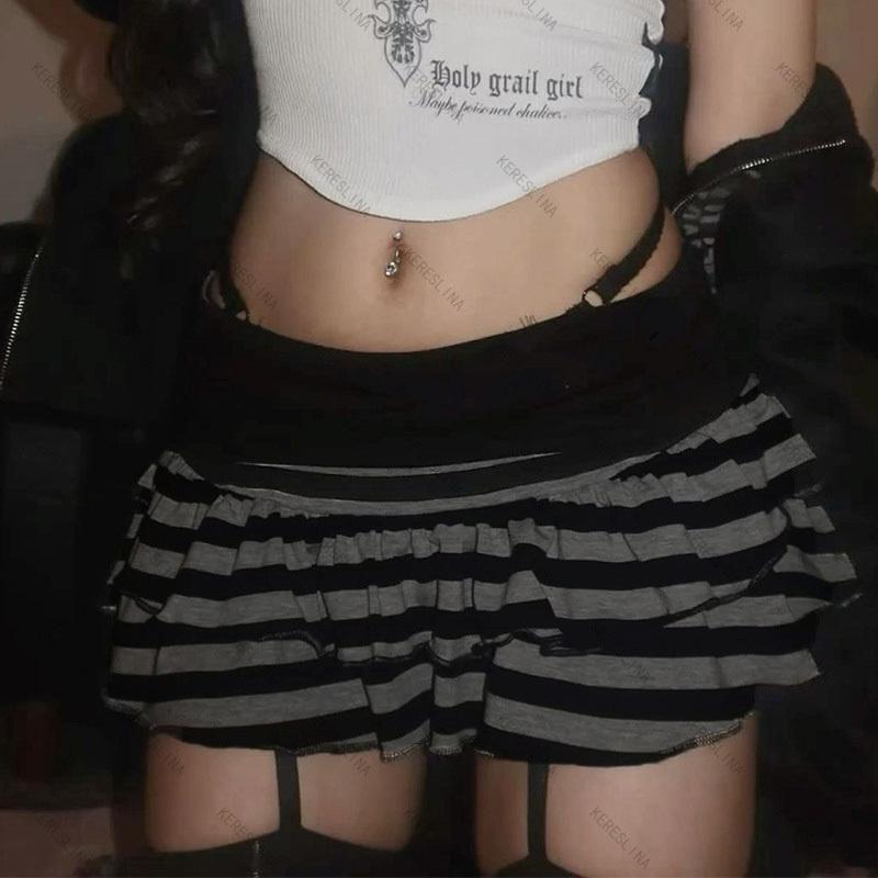 Nuova Collezione Estiva 2026 Abbigliamento Donna Y2K Grunge Minigonna a Balze Nera e Grigia Vita Alta Vita Elasticaaderente Gonna a Svasatura