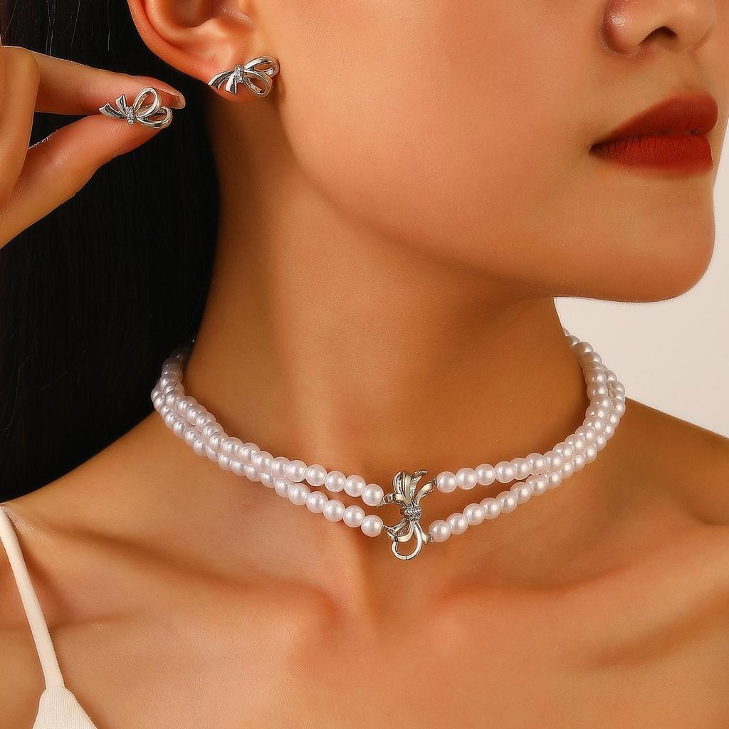 Women's High-End European & American Jewelry Set: Double-Layer Pearl Choker, Clavicle Necklace, Bracelet & Earrings