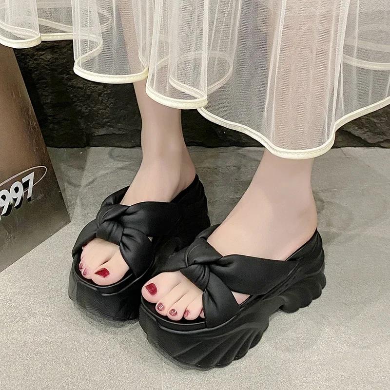 Fashion 9CM Design Platform Slippers 2025 Women Summer Wear Fashion New Style Increase Sandals Casual Muffin Flip-flops Beach Shoes