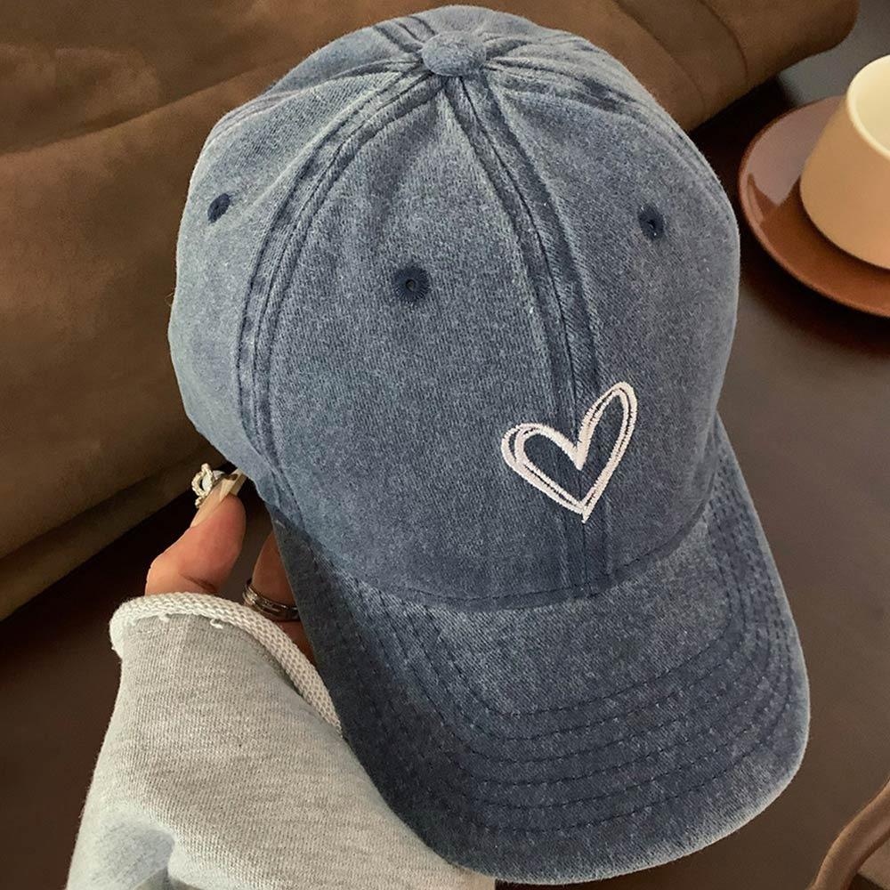 New Embroidery Peach Heart Spring/Summer Hat Adjustable Casual Soft Top Duck Hat Wash Denim Baseball Caps for Women Men Couple