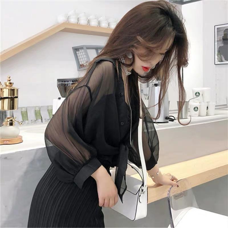 Summer Half Sleeve Buttoned Up Shirt Loose Casual Blouse Chiffon Shirts Women Tied Waist Elegant Blouses for Women