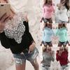 Elegant Spring Collection Sexy Lace Shoulder Cutout Cotton T-shirt Top In Gray Pink White And Black