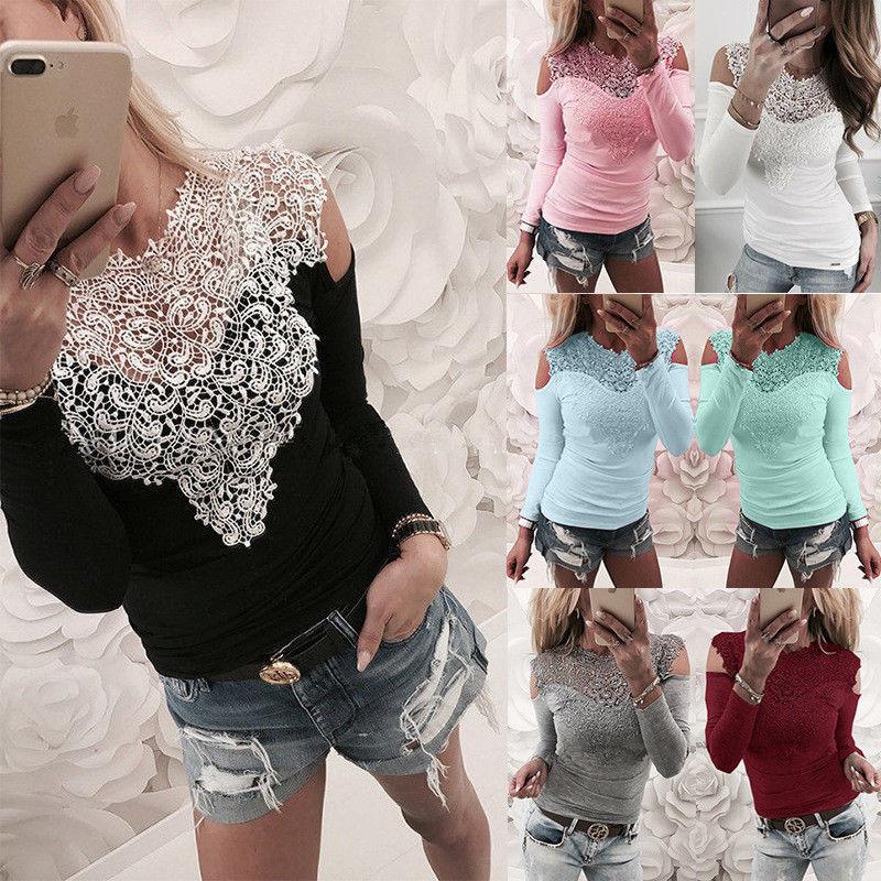Elegant Spring Collection Sexy Lace Shoulder Cutout Cotton T-shirt Top In Gray Pink White And Black