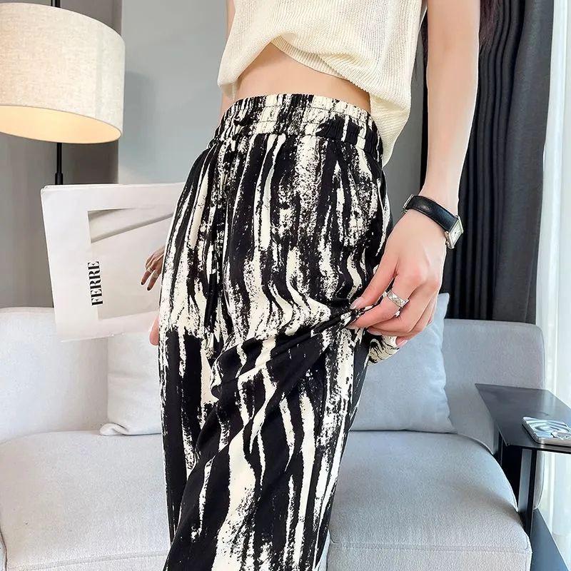 

2025 Summer Women s Ink Wash Tie-Dye High-Waisted Ice Silk Chiffon Wide-Leg Pants M