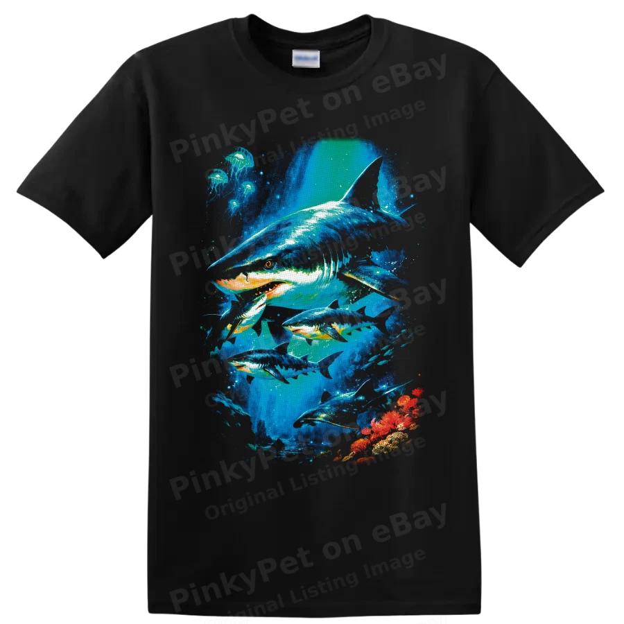 Shark Ocean Wildlife T Shirt w/ Jellyfish Coral Reef Colorful Art Tee Sea Life