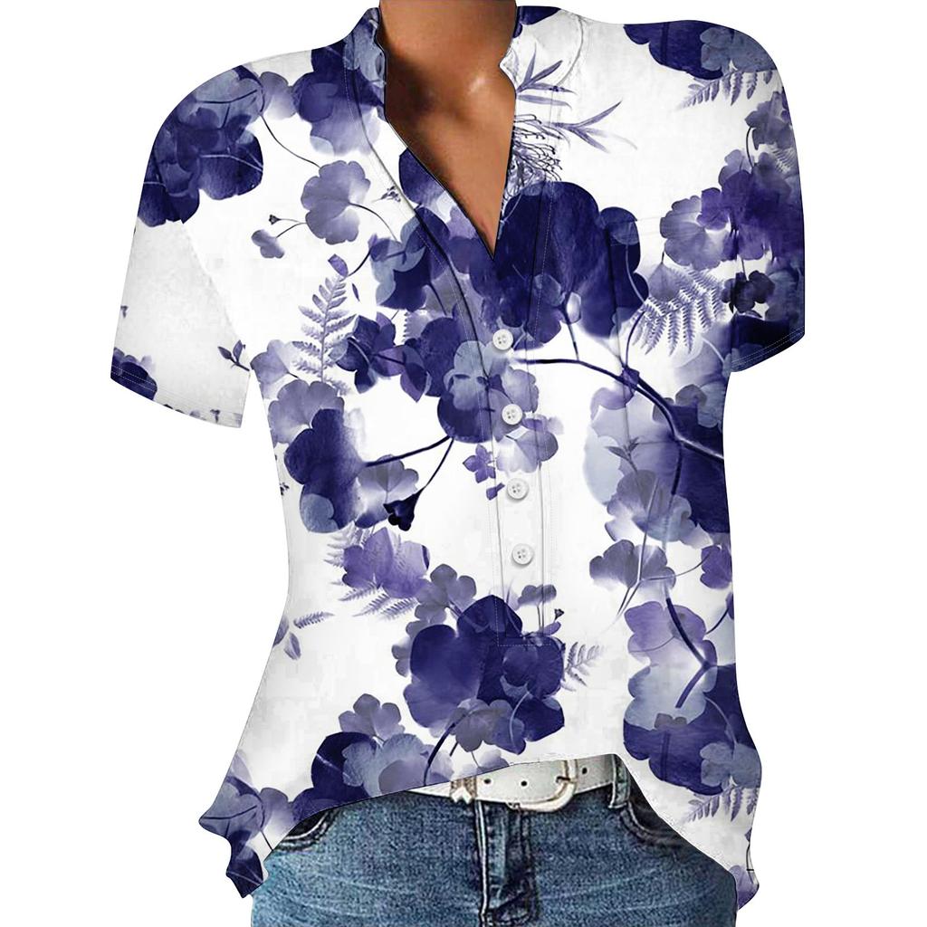 Lässige, bedruckte, kurzärmelige Hemdpullover mit V-Ausschnitt und lockeren Blusenoberteilen für Damen