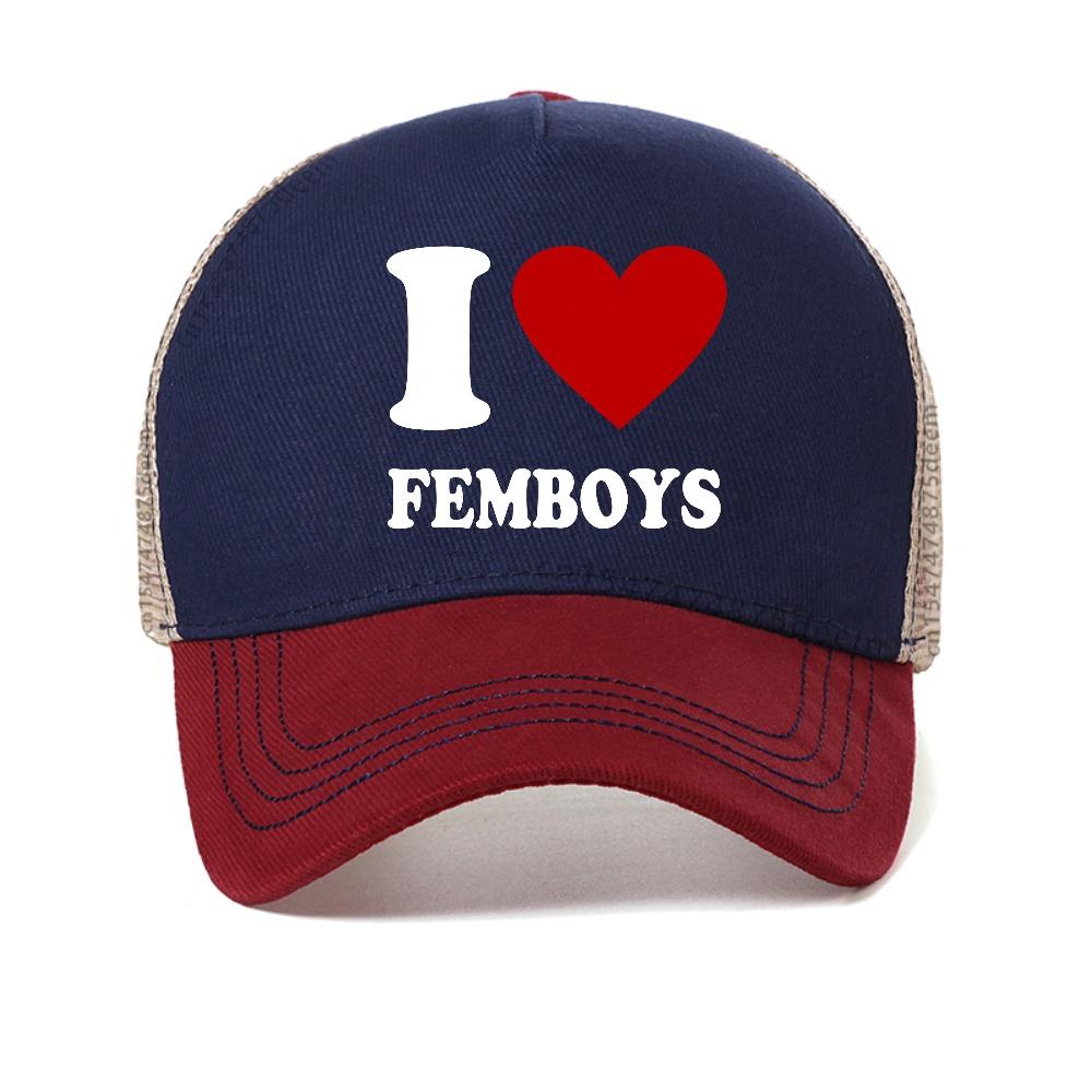 Funny Red Heart I Love Femboys Graphic Baseball Cap Men Women Sports Caps Fashion Mesh Breathable Sun Hat Snapback Hats