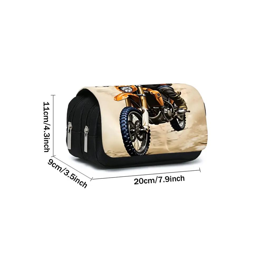 Cool Motorcycle Pattern Double Flip Fabric Pen Case Boy/Girls Best Gift 3D Pencil Pouch School Office Use Children Model WKA14