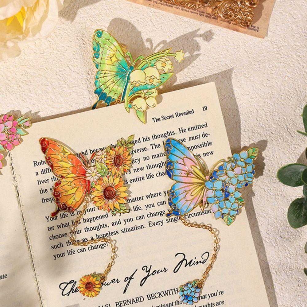 Tassel Chain Metal Butterfly Bookmark Hollow Flower Flower Painting Bookmark  For Book Lovers