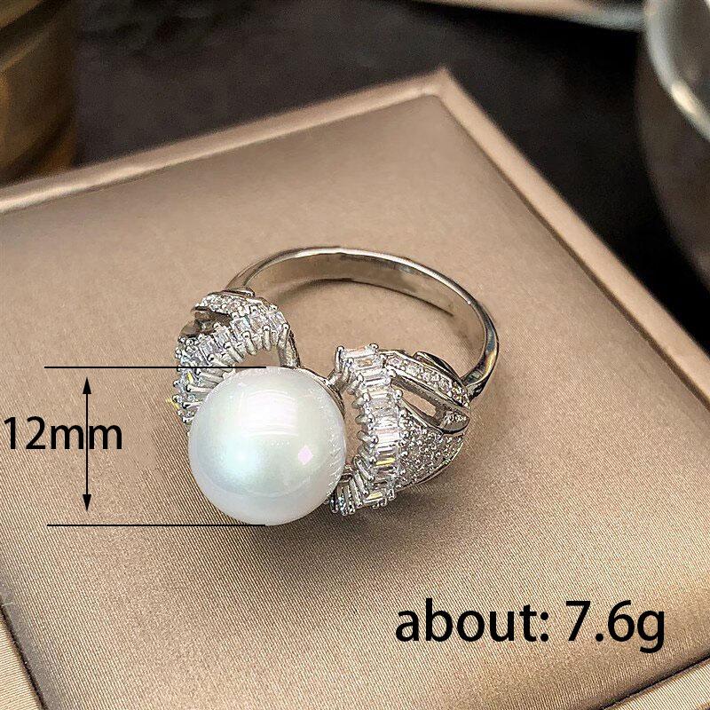 Huitan Graceful Simulate Pearl Ring for Women Bright Cubic Zirconia Finger Jewelry for Engagement Ceremony Party Delicate Gift