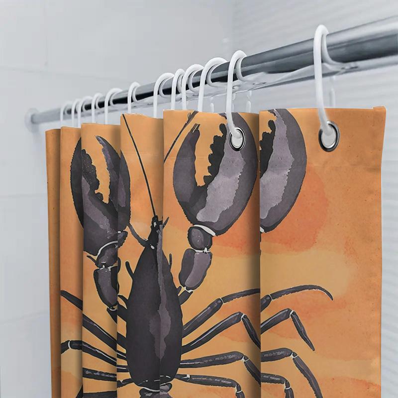 Whimsical Seafood Shower Curtaincrayfish Print Bath Mat Decoration For Bathroom Walls Waterproof Fabric, Orange Color Home Decor
