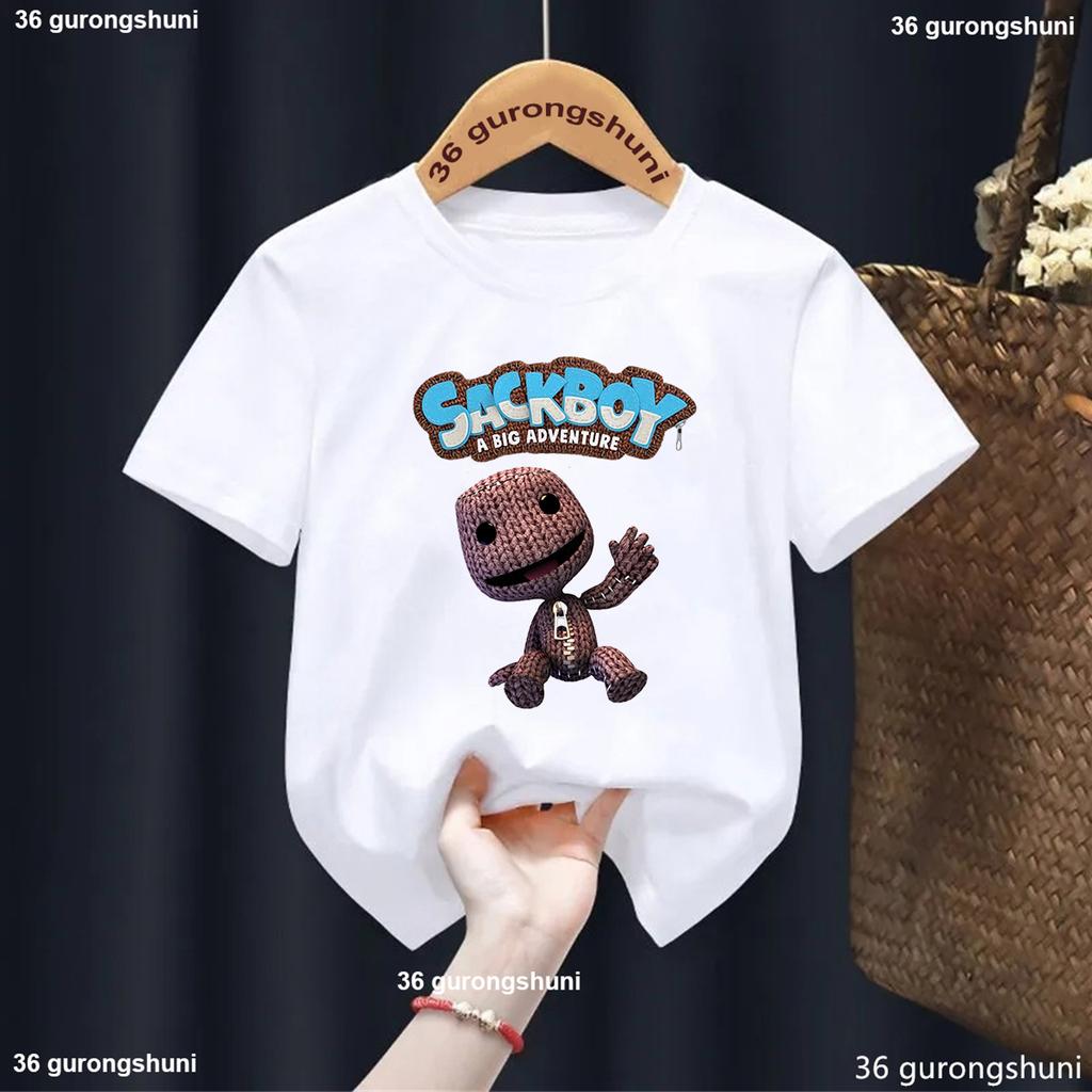 New Boys T-Shirt Funny Video Game Lbp Sackboy Cartoon Print Kid Tshirt Fashion Trendy Boys Clothes Summer O-Neck White Shirt Top