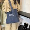 Chic Retro Style Large Capacity Denim Tote Bag For Students And Commuters In Trendy Blue
