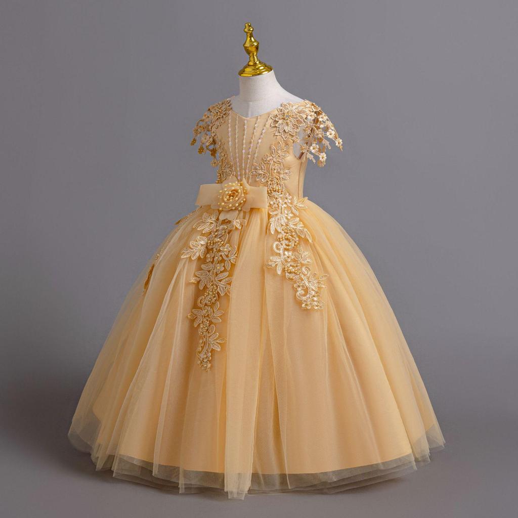 Girls' European and American Style Long Skirt Tie-Up Wedding Princess Dress - High-End Formal Graduation Party Dress