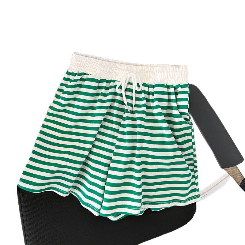 Green Striped Plus Size Women's Summer Two-Piece Set: Short Sleeve T-shirt & Shorts