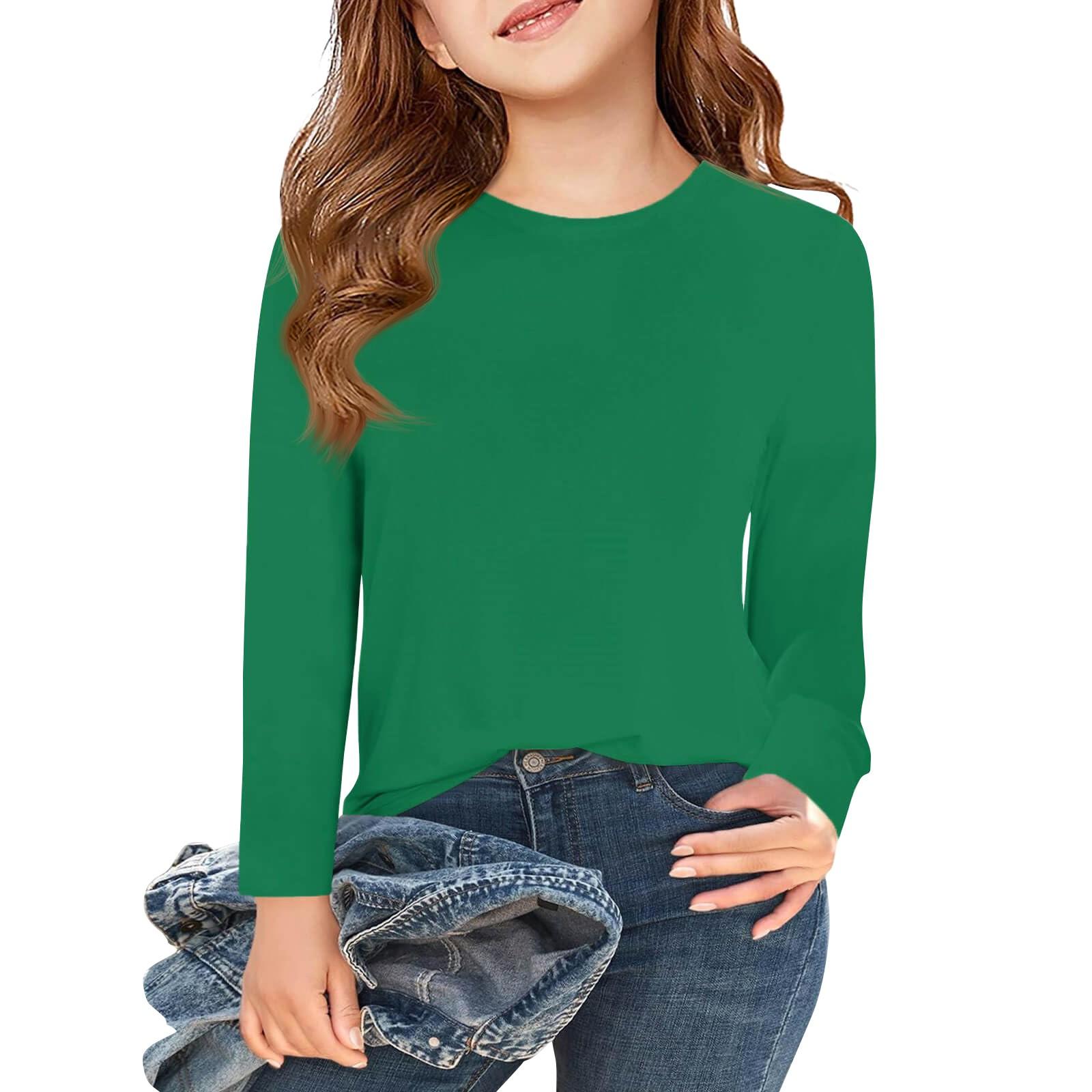 

Футболки с длинным рукавом для девочек, детские осенние топы с круглым вырезом, базовые футболки для детей 5–14 лет 110 зелёный