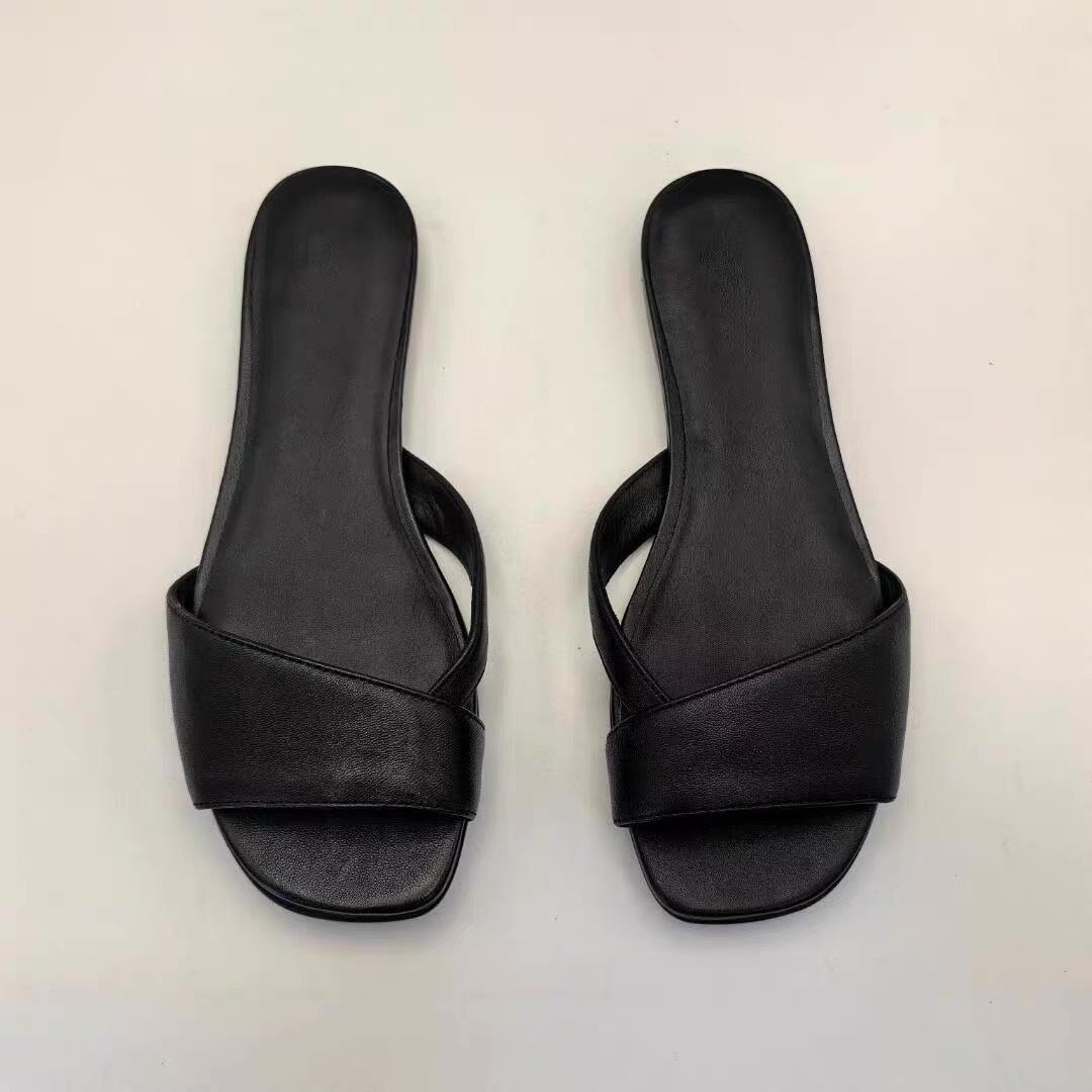 

Cowhide version~ Simple niche square head open-toed one-word cool slippers for women to wear 2025 summer beach flats 40 чёрный