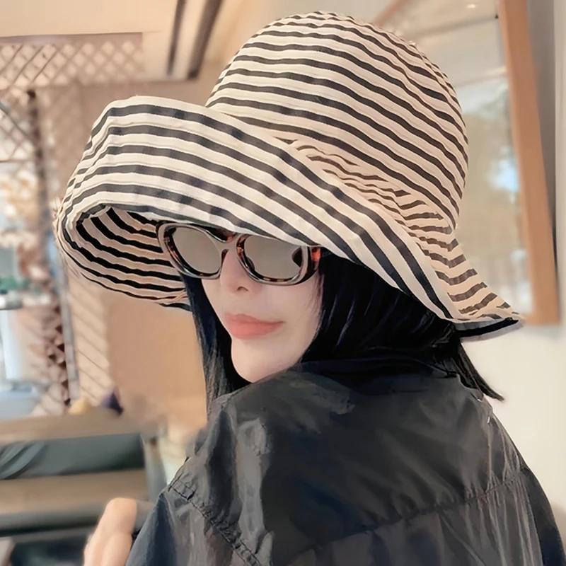 New Japanese Foldable Striped Bucket Hat, Women'S Upf 50+ Summer Sun Hat, Oversized Fisherman Cap Trendy Beach Accessories