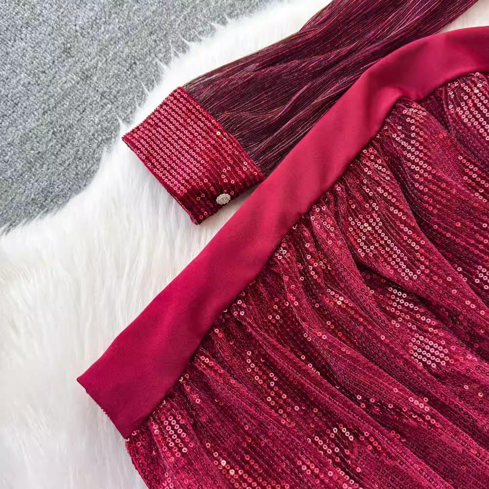 New Autumn Retro Sequins Lapel Pencil Dress Women Clothes Elegant Lady Sheer Sexy Long Sleeve Slim Short Party Birthday Vestidos