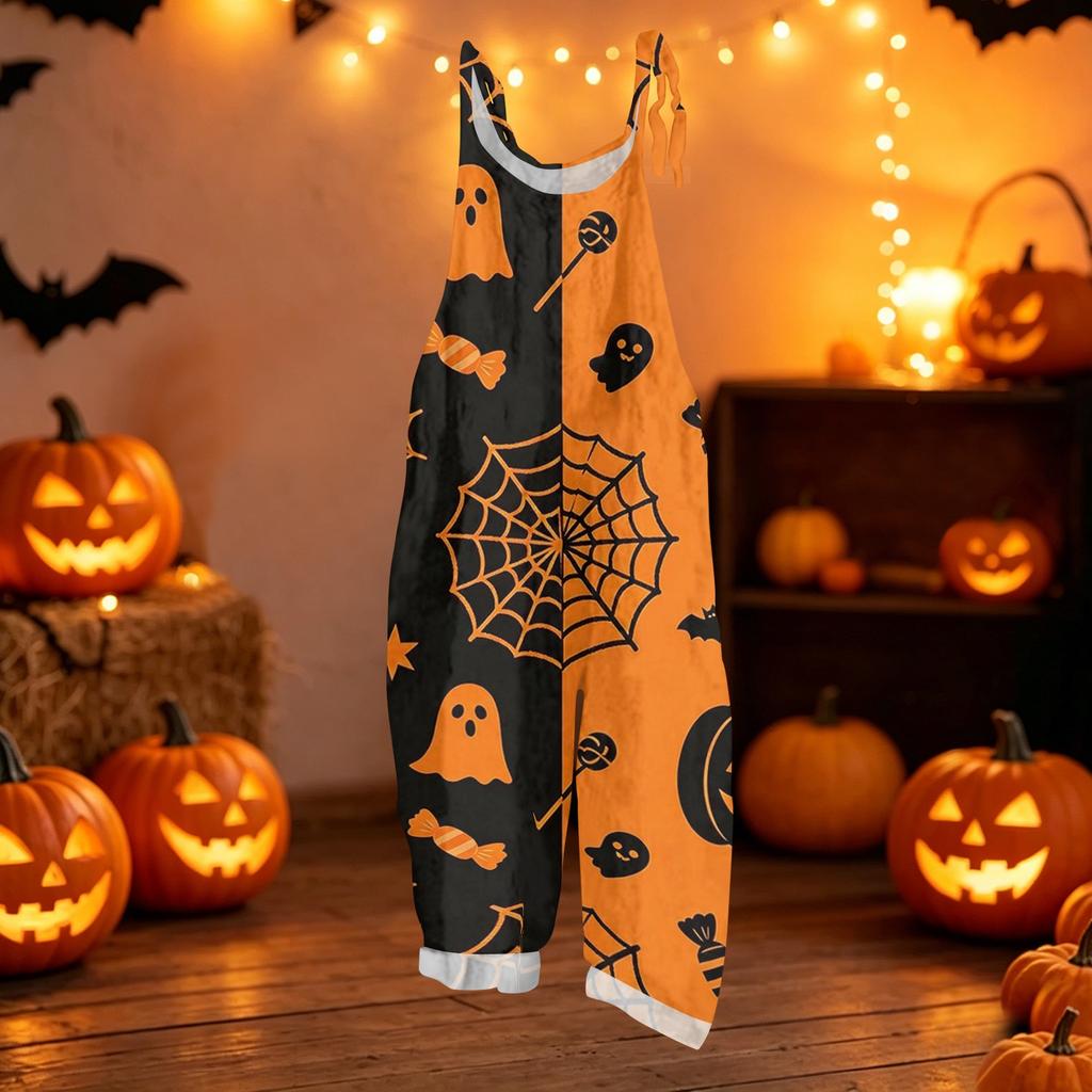 Women Casual Loose Fit Jumpsuit Halloween Print Vintage Style Sleeveless Overalls Cotton Linen Fabric Comfortable Design