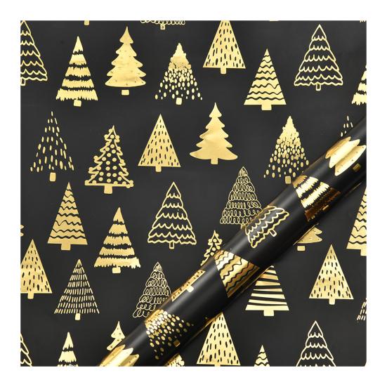 Christmas Reversible Wrapping Paper Roll Black Gold Foil Christmas Tree Snowflake