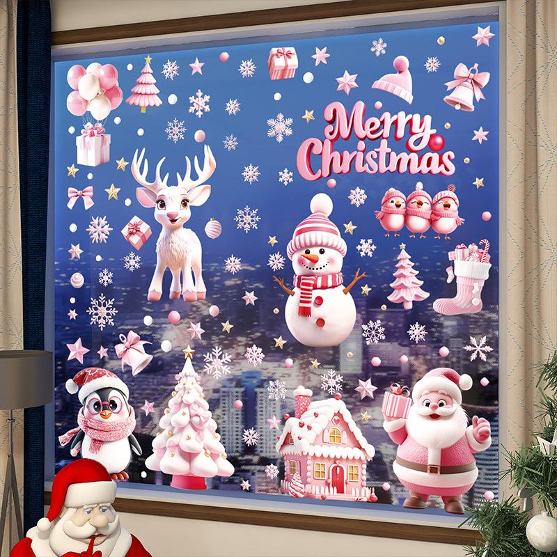 Pink Christmas Wall Stickers Christmas Trees Christmas Wooden Houses Static Stickers Festival Party Decor Glass Stickers