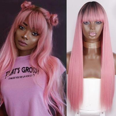 Peluca larga de Cosplay para mujer, color negro y rosa, con flequillo, pelo liso sintético, peluca naranja resistente al calor de 28 pulgadas de largo, uso diario