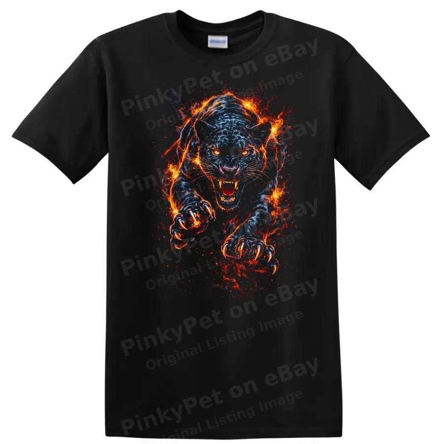 Fierce Blue Panther Graphic T Shirt with Flames Wild Animal Tee