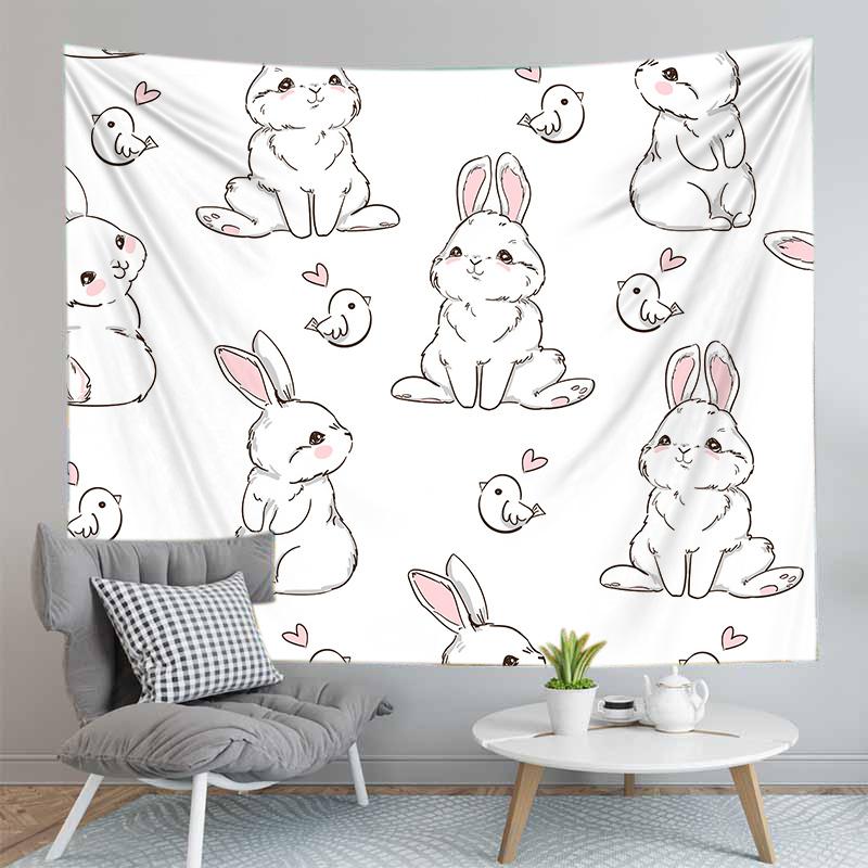 Cute Rabbit Print Tapestry for Girl Boys Dorm Room Decor Easter Rabbit Wall Hanging Kawaii Greetings and Presents for Easter Day