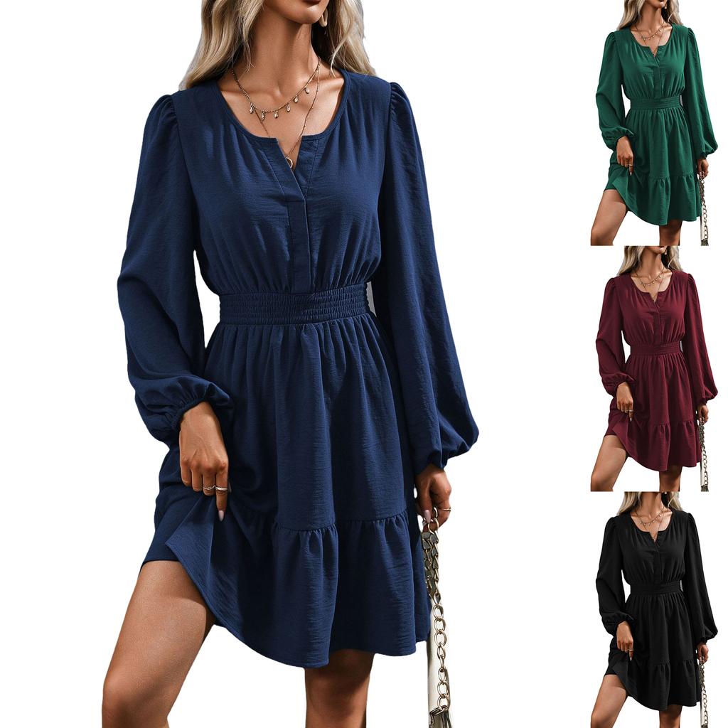 Women's Sleeve Smocked Waist A-Line Dress with Ruffle Hem for Casual Everyday Wear