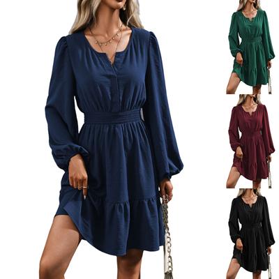 Women's Sleeve Smocked Waist A-Line Dress with Ruffle Hem for Casual Everyday Wear