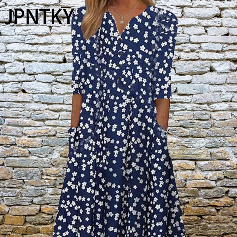 

JPNTKY Элегантные женские платья с V-образным вырезом, коротким рукавом, на пуговицах, вечернее платье, женское летнее винтажное платье с принтом, повседневные свободные цветочные женские платья XL
