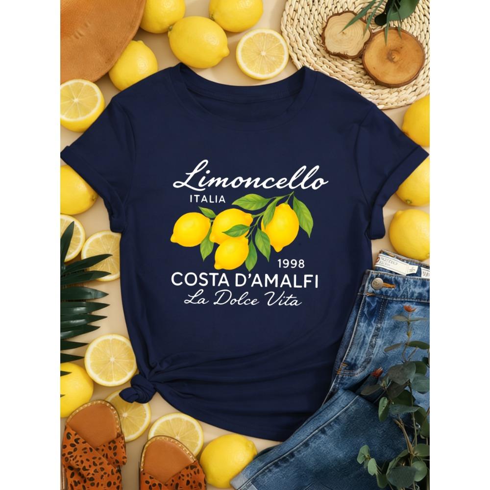 Limoncello Italia La Dolce Vita Lemon Print Women T-Shirts Summer Breathable Short Sleeve Trendy O-Neck T Shirt Y2K Tops