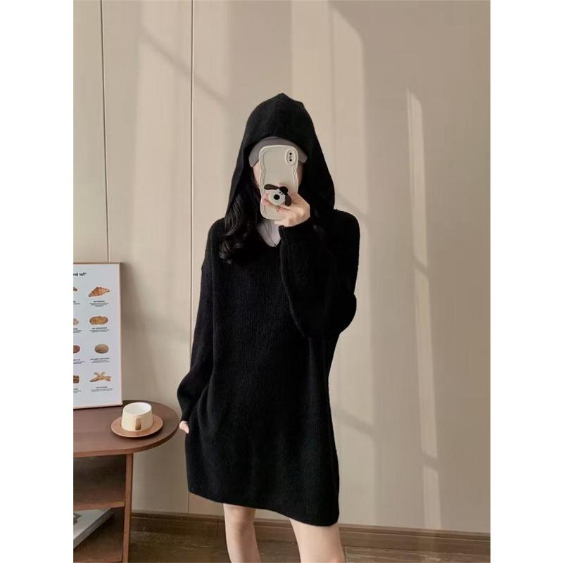 Fashion casual hooded medium and long knitted sweater top women's autumn and winter new loose lazy pullover sweater