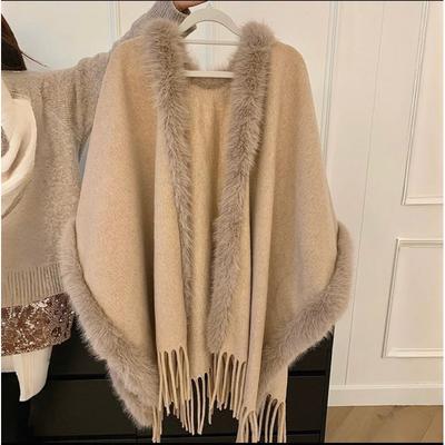 Womens Oversized Cape Shawl With Faux Fur Trim Winter Warm Outerwear Elegant Lady Style