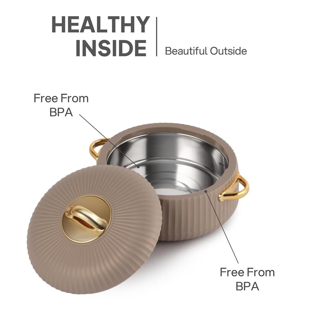 Izolowany Garnek Termiczny Ze Stali Nierdzewnej Do Przechowywania i Serwowania Żywności Szczelna Pokrywka Eleganckie Brązowe Polerowane Wykończenie Do Użytku Kuchennego i Jadalnego