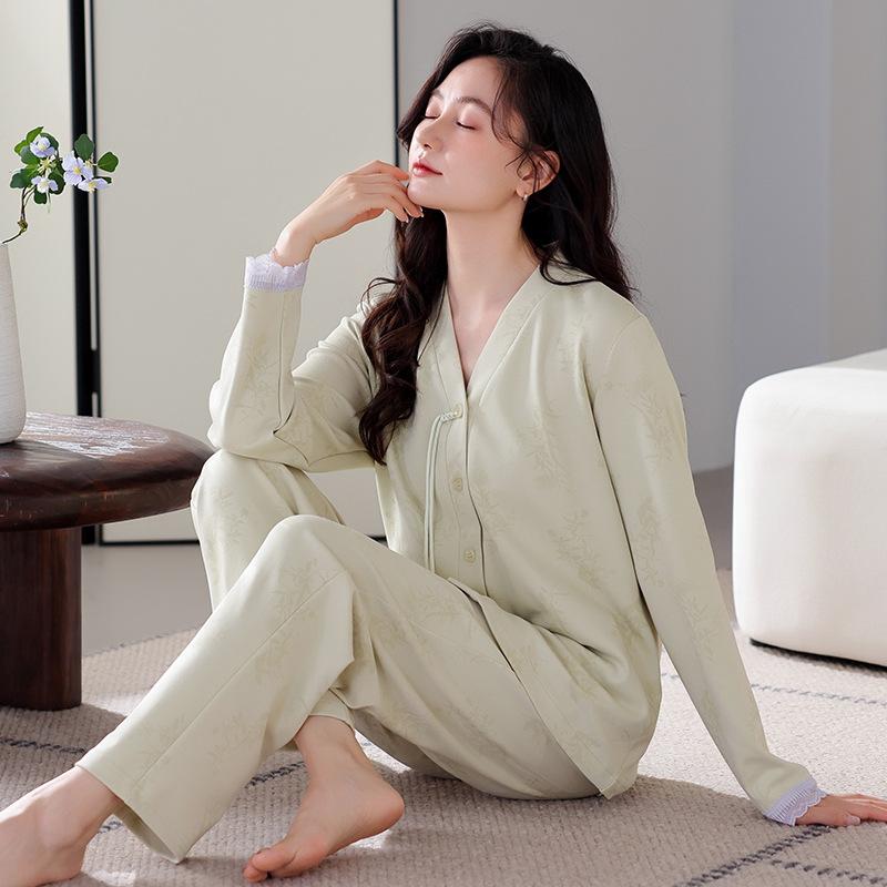 Pure cotton pajamas women's spring and autumn long-sleeved cardigan women's autumn new Chinese V-neck national style loungewear large size set