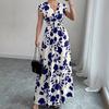 2026 European and American women's clothing explosive summer new short-sleeved lace-up printed v-neck dress